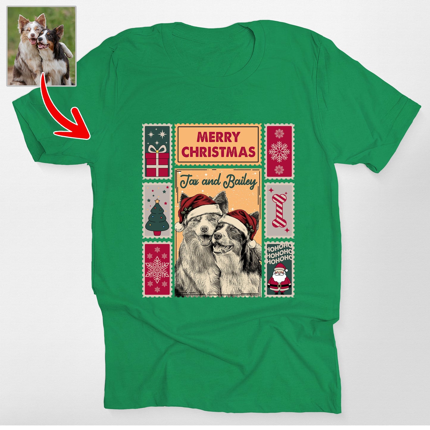 Custom Dog Christmas Stamp Collection Bella Canvas, custom pet portrait gift for pet lovers (view 2)