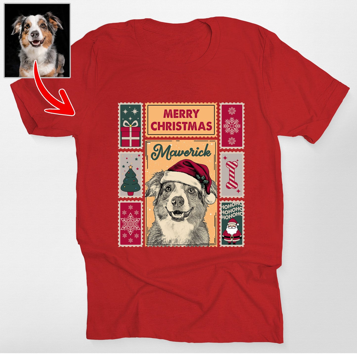 Custom Dog Christmas Stamp Collection Bella Canvas, custom pet portrait gift for pet lovers (view 4)