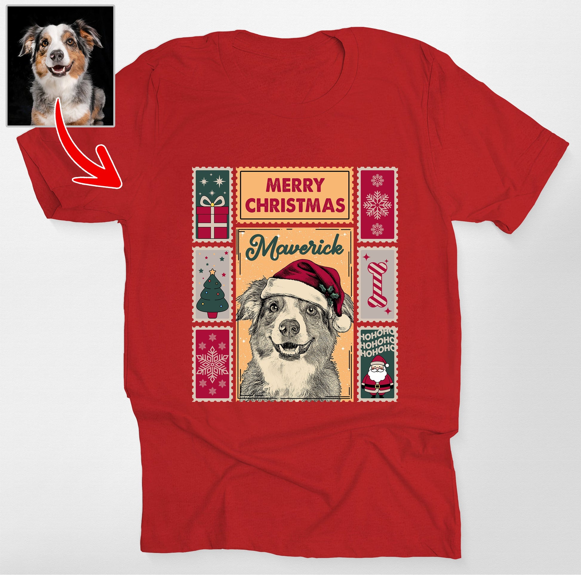 Custom Dog Christmas Stamp Collection Bella Canvas, custom pet portrait gift for pet lovers (view 4)