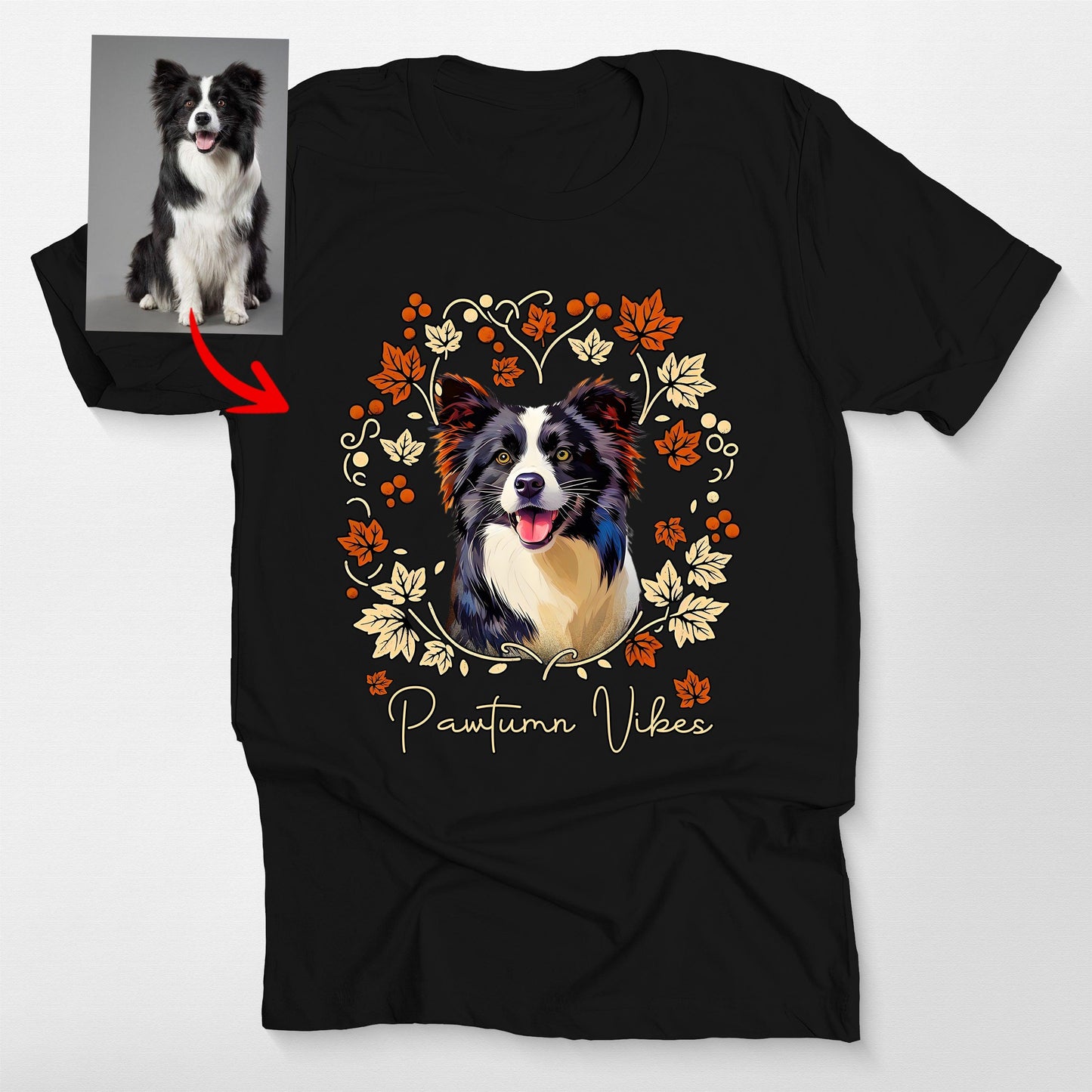 Custom Dog Fall Vibes T-Shirt for Dog Lovers Bella, custom pet portrait gift for pet lovers