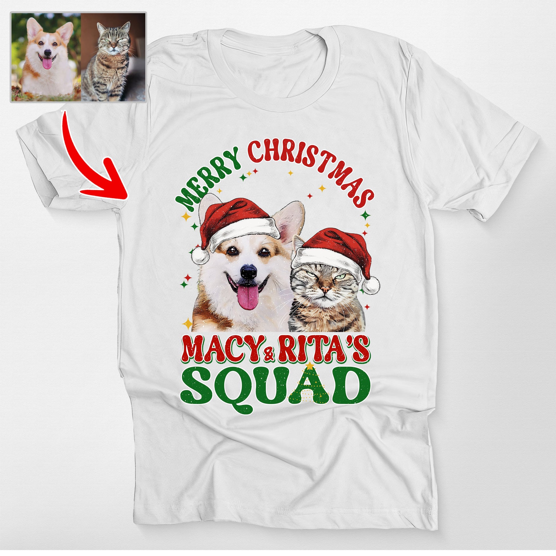 Custom Dog Family Christmas Bella Canvas T-Shirt F, custom pet portrait gift for pet lovers (view 4)