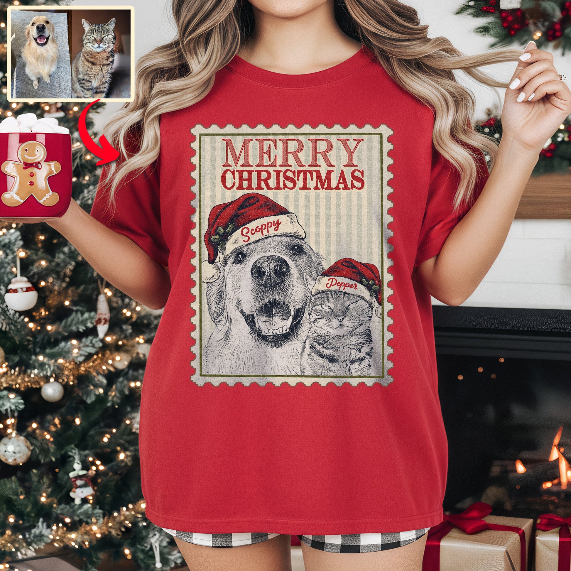 Custom Dog Portrait Portage Stamp Bella Canvas T-Shirt, custom pet portrait gift for pet lovers (view 9)