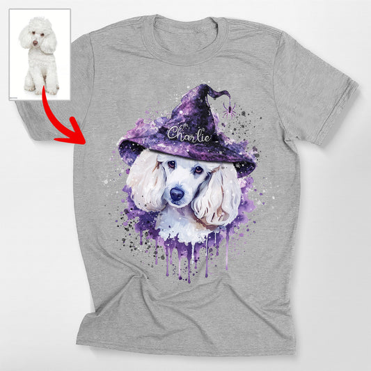 Custom Dog Witch Halloween Watercolor Bella Canvas, custom pet portrait gift for pet lovers