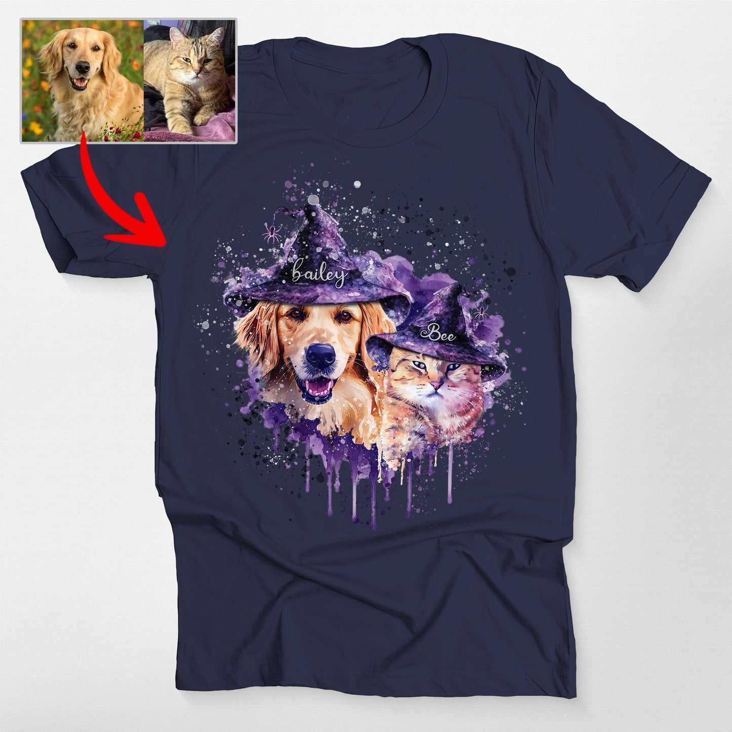 Custom Dog Witch Halloween Watercolor Bella Canvas, custom pet portrait gift for pet lovers (view 4)