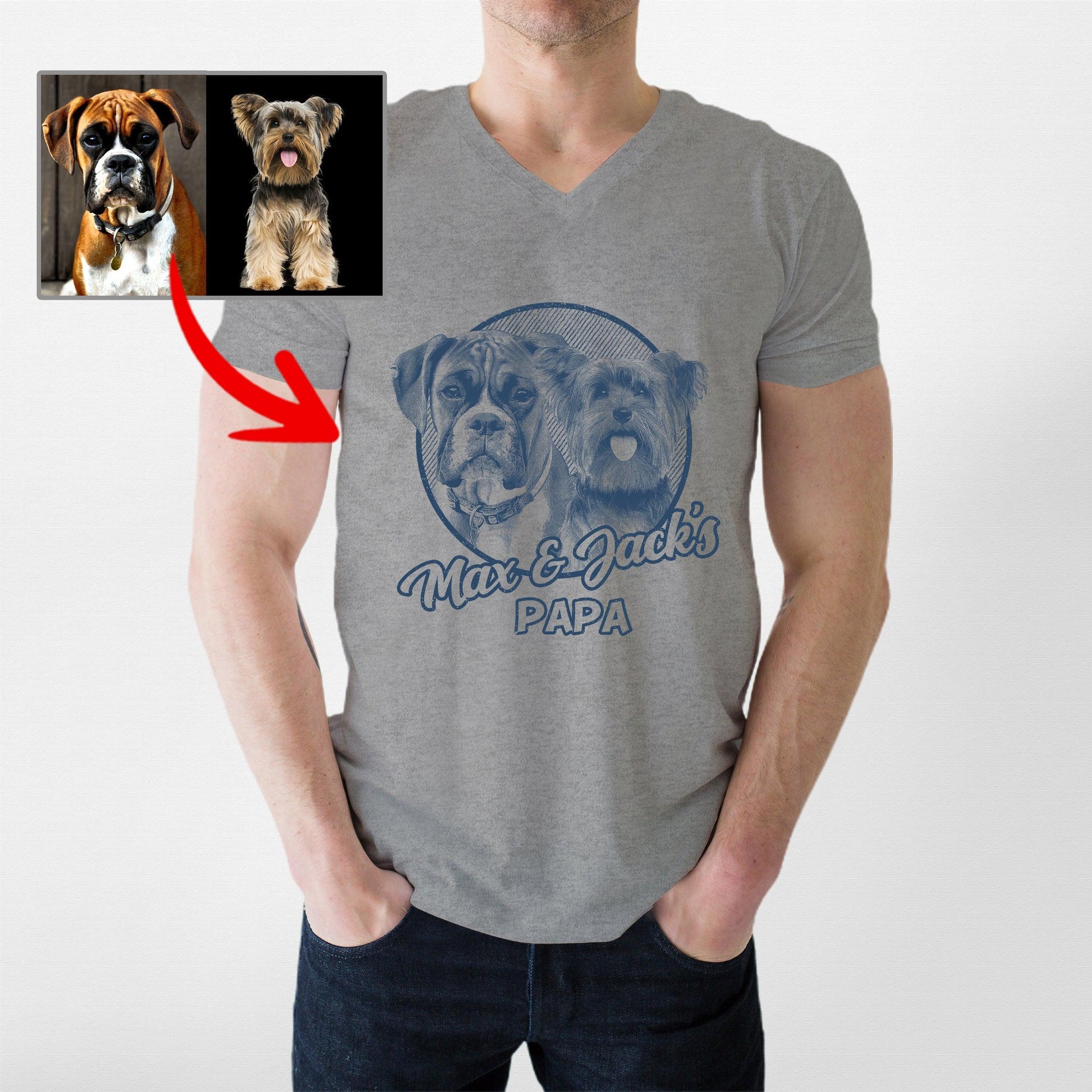 Custom Dogface V-Neck Shirt for Dad, custom pet portrait gift for pet lovers