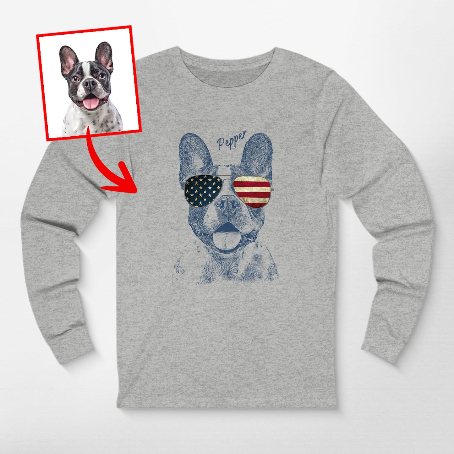 Custom Dogface Wearing American Flag Glasses Long, custom pet portrait gift for pet lovers