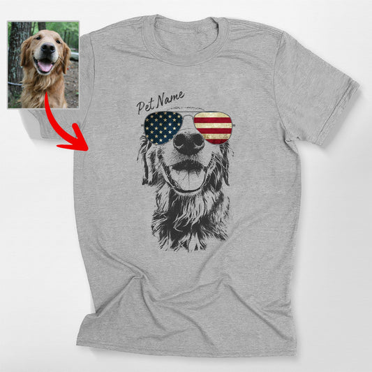 Custom Dogface Wearing American Flag Glasses T-Shirt, custom pet portrait gift for pet lovers