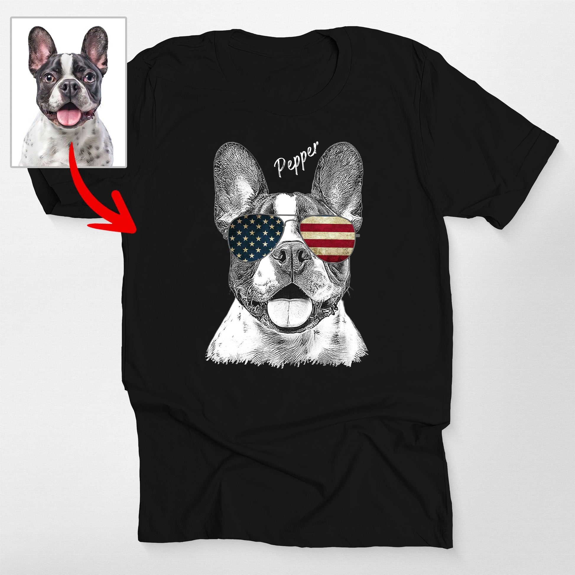 Custom Dogface Wearing American Flag Glasses T-Shirt, custom pet portrait gift for pet lovers (view 2)