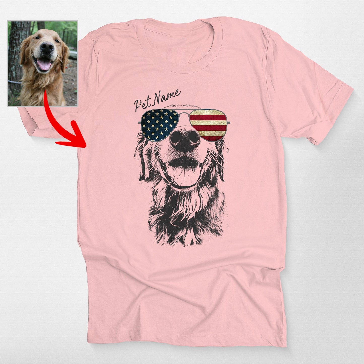 Custom Dogface Wearing American Flag Glasses T-Shirt, custom pet portrait gift for pet lovers (view 13)