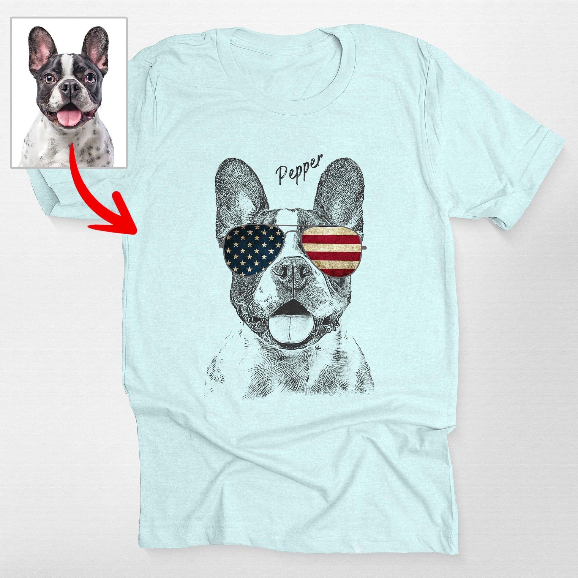 Custom Dogface Wearing American Flag Glasses T-Shirt, custom pet portrait gift for pet lovers (view 3)