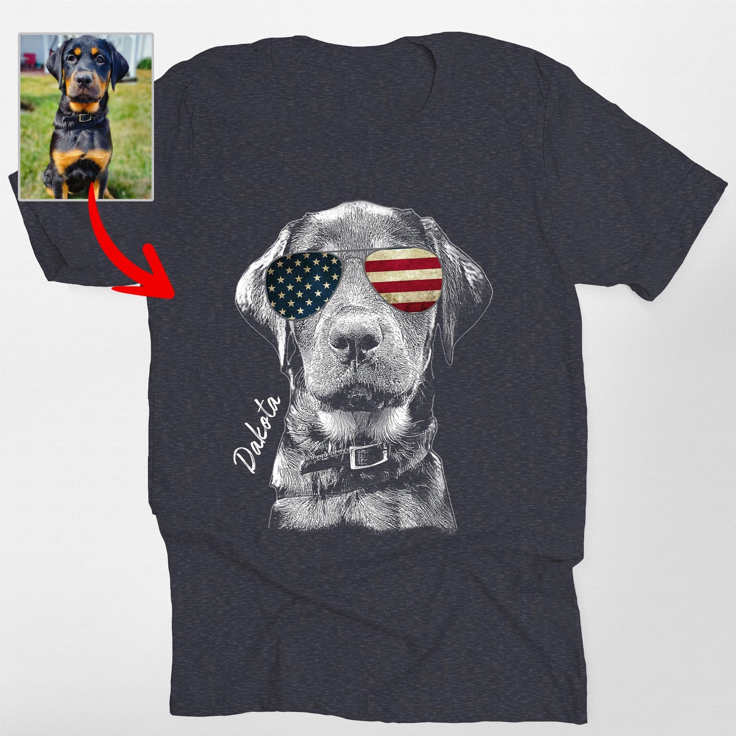 Custom Dogface Wearing American Flag Glasses T-Shirt, custom pet portrait gift for pet lovers (view 4)