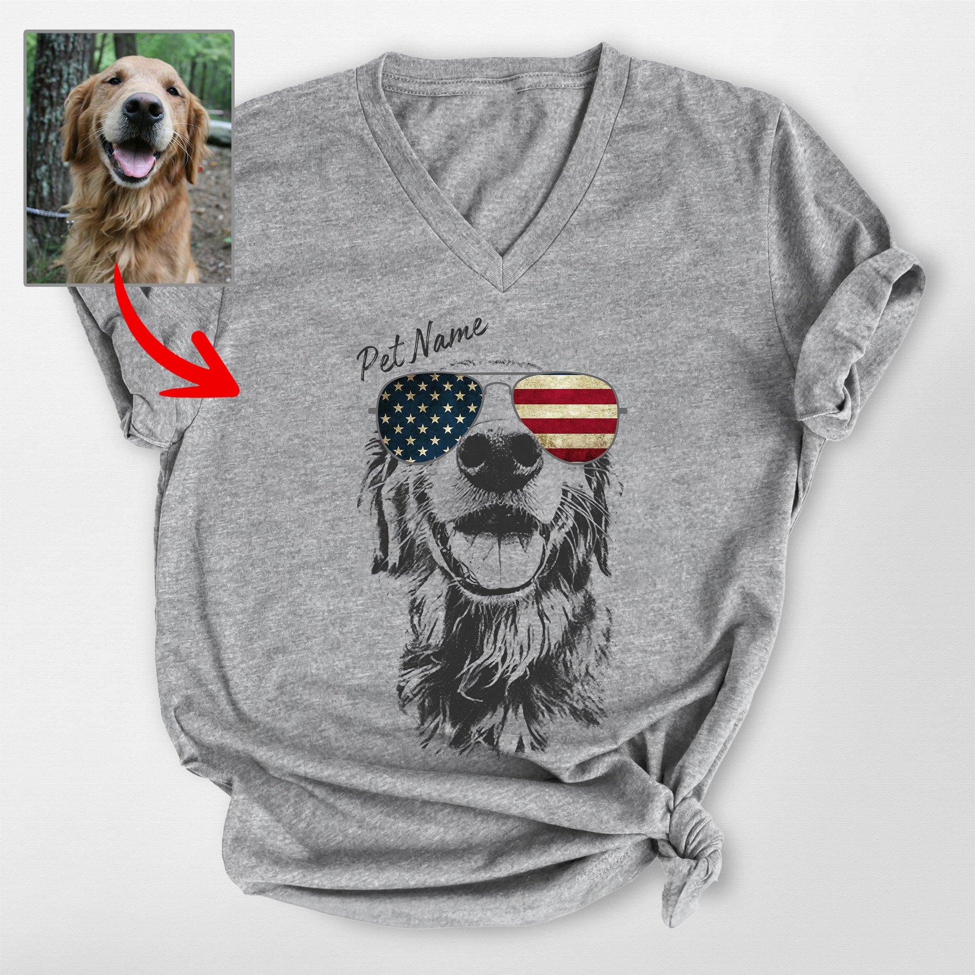Custom Dogface Wearing American Flag Glasses V Nec, custom pet portrait gift for pet lovers