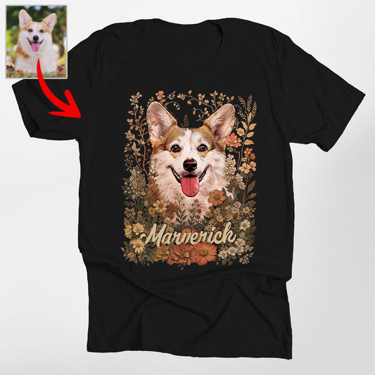 Custom Wildflowers Dog Portrait T-Shirt Bella Canvas, custom pet portrait gift for pet lovers