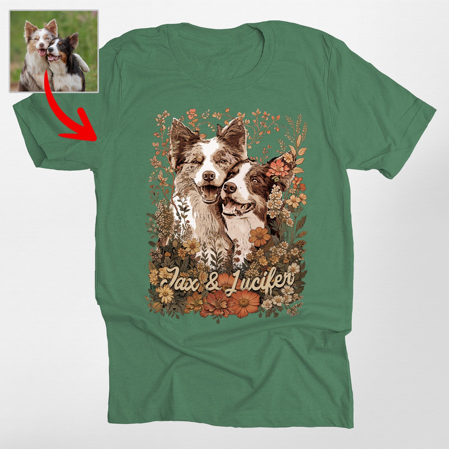 Custom Wildflowers Dog Portrait T-Shirt Bella Canvas, custom pet portrait gift for pet lovers (view 3)
