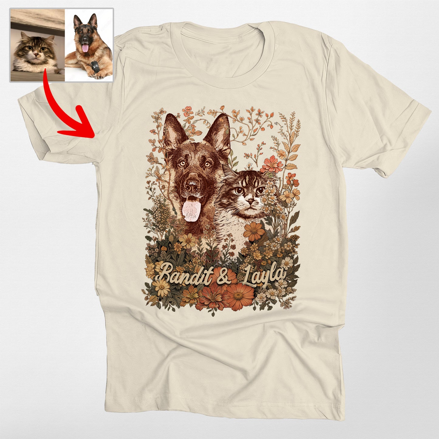 Custom Wildflowers Dog Portrait T-Shirt Bella Canvas, custom pet portrait gift for pet lovers (view 4)