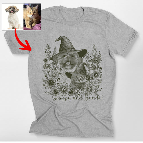 Custom Witch Dog in Flowers Halloween Bella Canvas, custom pet portrait gift for pet lovers