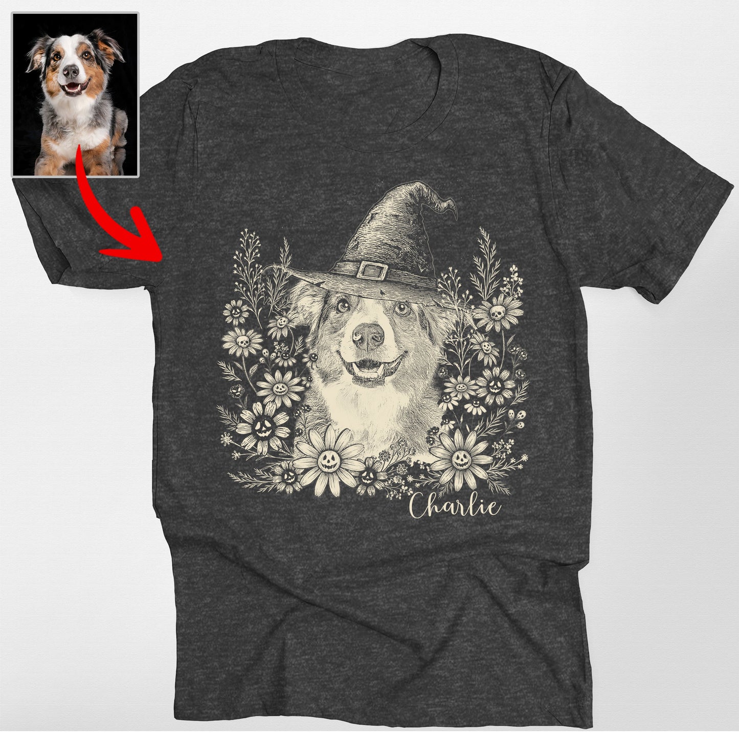 Custom Witch Dog in Flowers Halloween Bella Canvas, custom pet portrait gift for pet lovers (view 3)