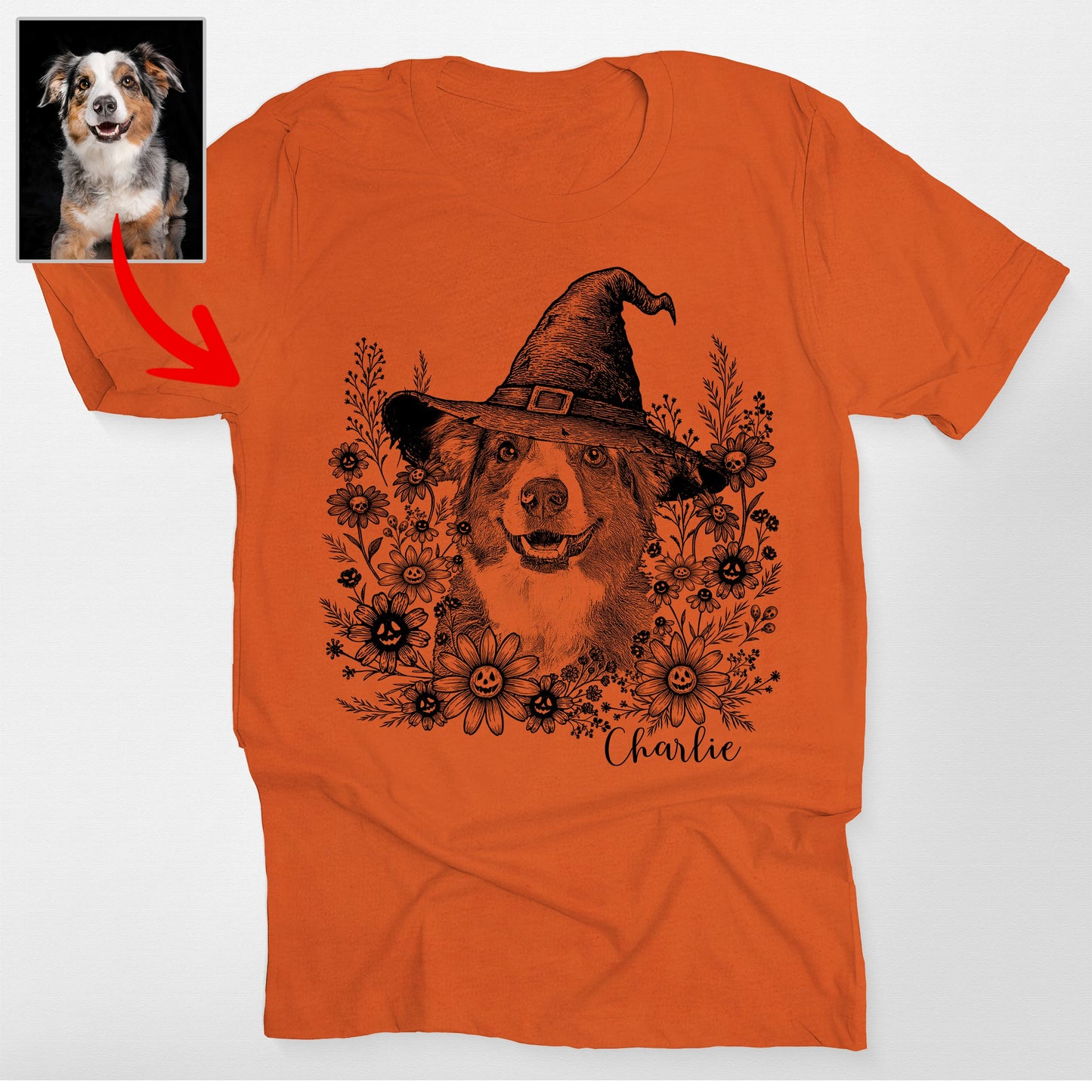 Custom Witch Dog in Flowers Halloween Bella Canvas, custom pet portrait gift for pet lovers (view 5)
