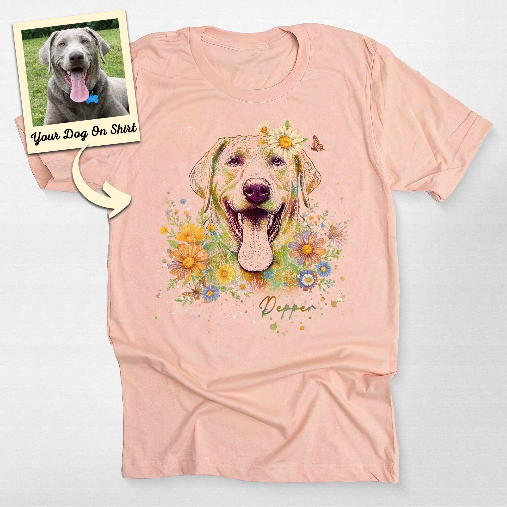 Customized Dogface Colorful Floral T-Shirt, custom pet portrait gift for pet lovers (view 2)