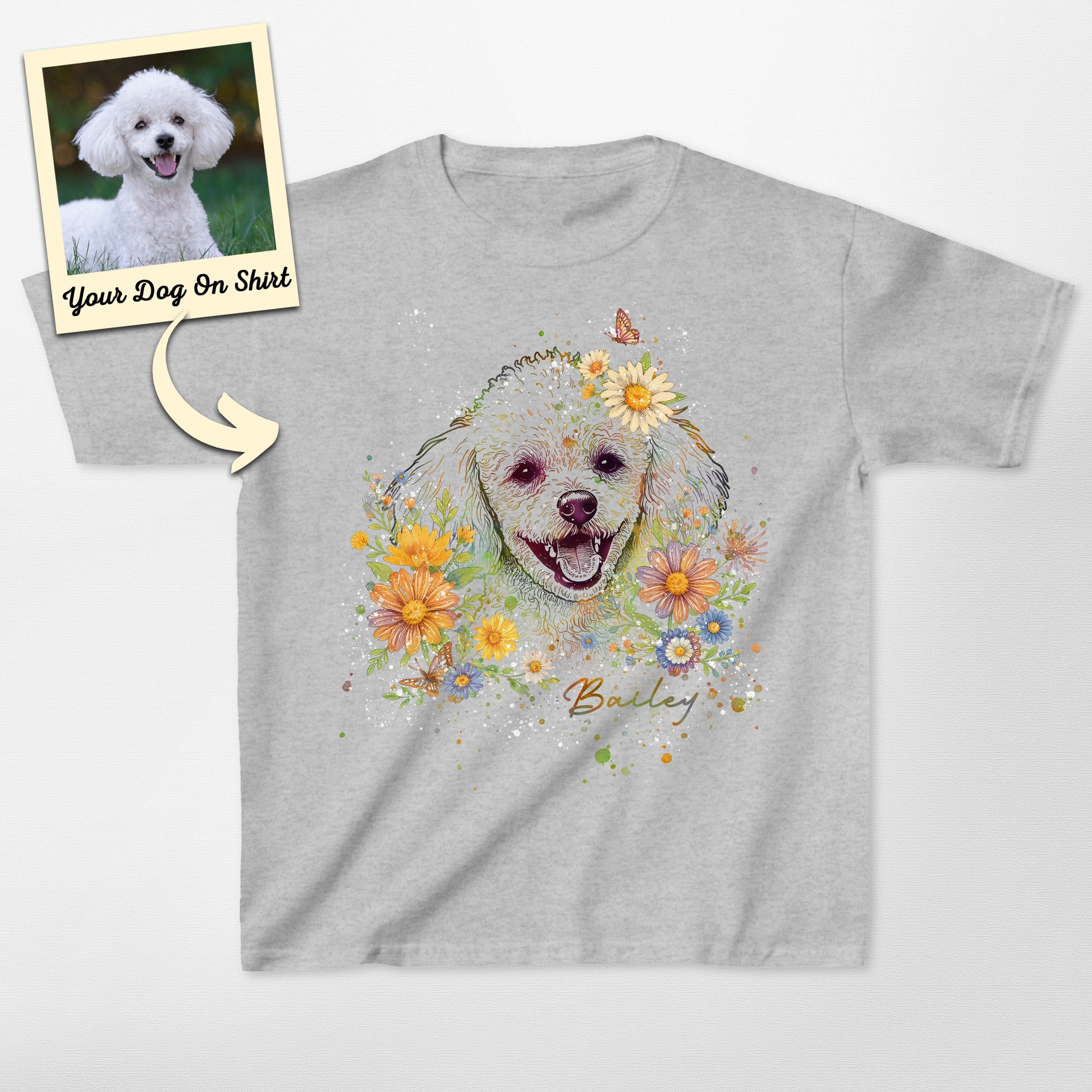 Customized Poodle Shirt Floral Portrait Gildan Kid (view 3)