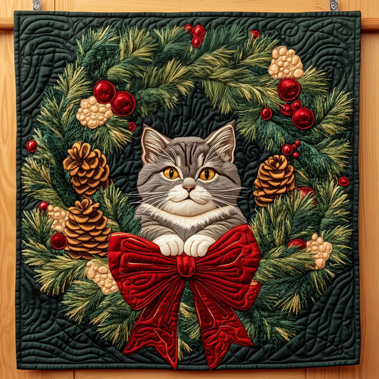 Cute Cat With A Warming Wreath Quilt Blanket