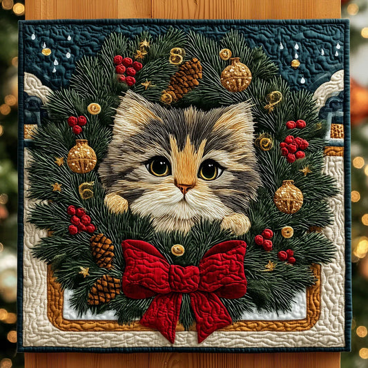 Cute Cat With A Warming Wreath Quilt Blanket