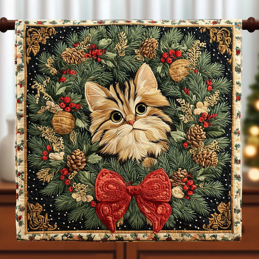 Cute Cat With A Warming Wreath Quilt Blanket