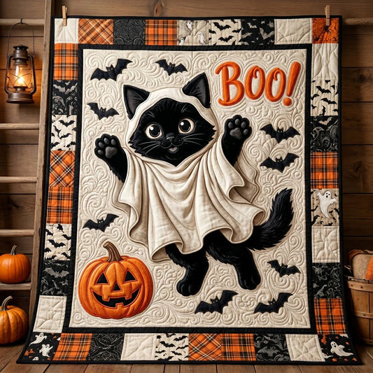 Cute Spooky Kitty Pumpkin Quilt Blanket