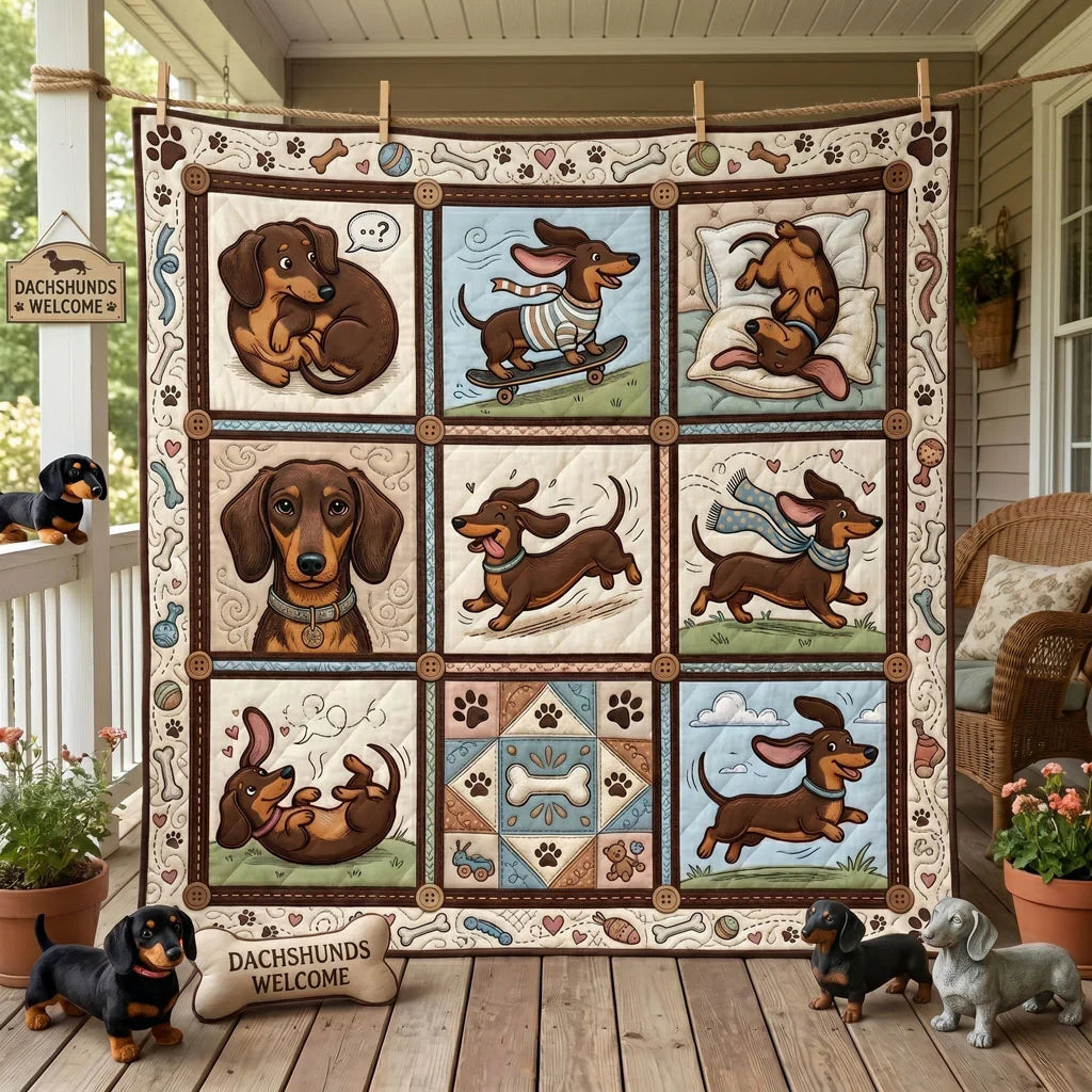 Dachshund Adventures Quilt Blanket