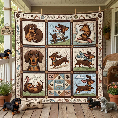 Dachshund Adventures Quilt Blanket