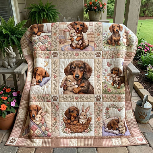 Dachshund And Bunny Snuggles Quilt Blanket