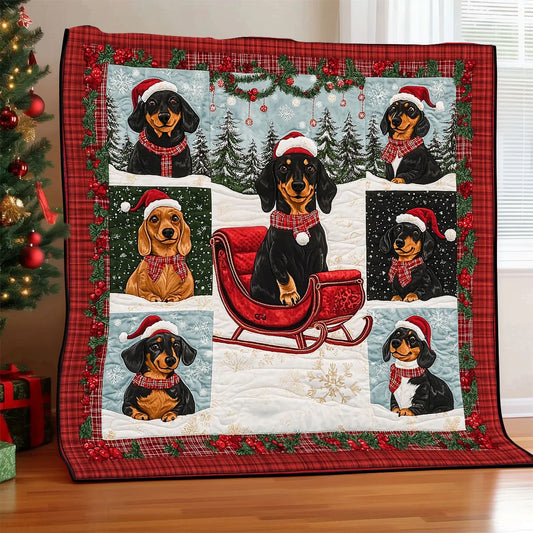 Dachshund Snow Ride Quilt Blanket