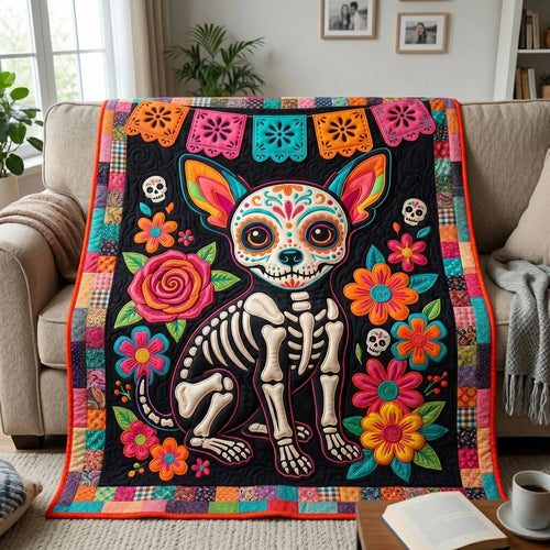 Day Of The Dead Pup Quilt Blanket