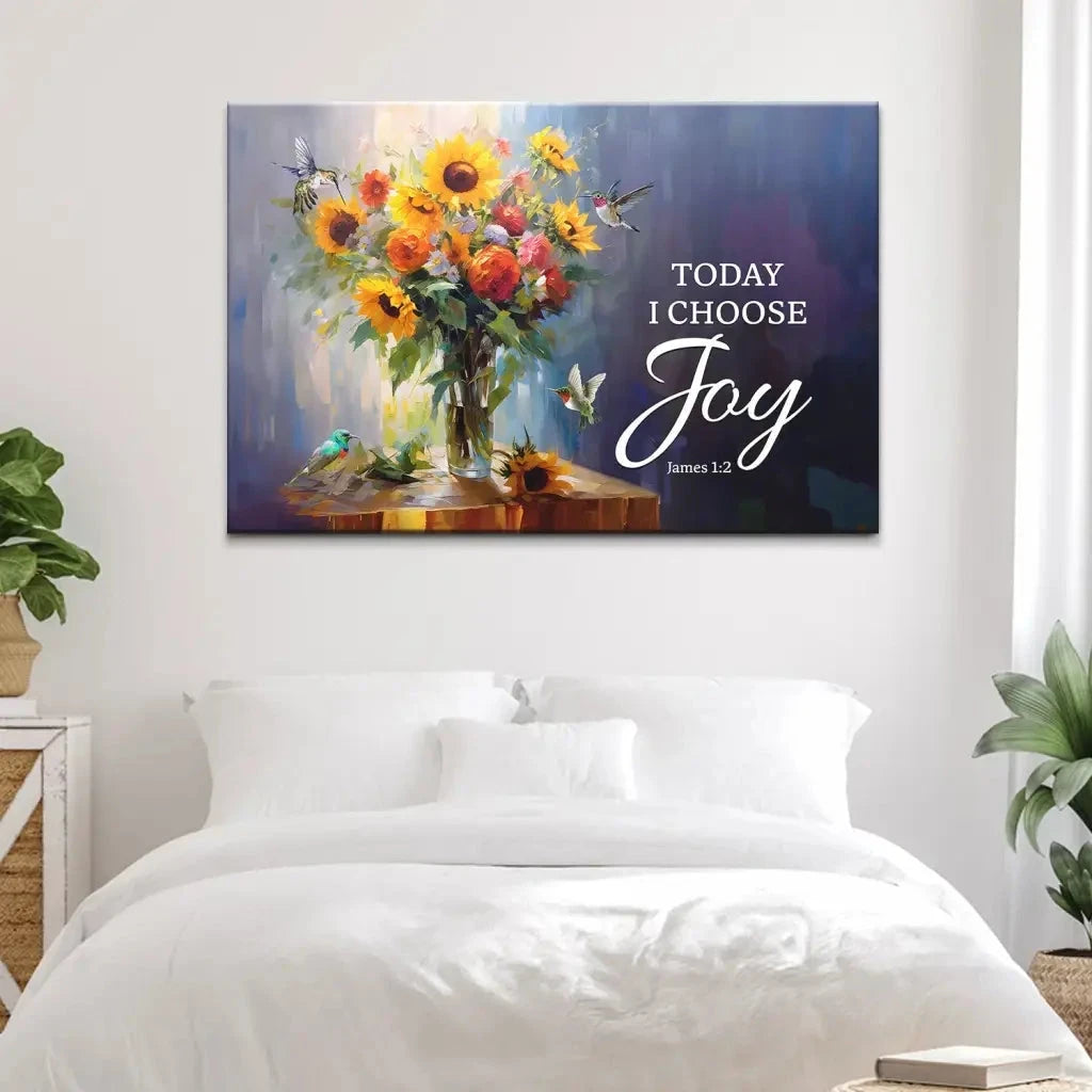 today i choose joy art hummingbird sunflower christian wall art canvas (Landscape) (view 2)