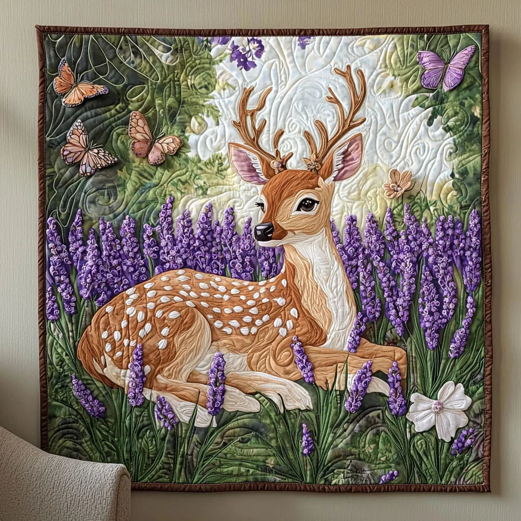 Deer In Lavender Garden Quilt Blanket