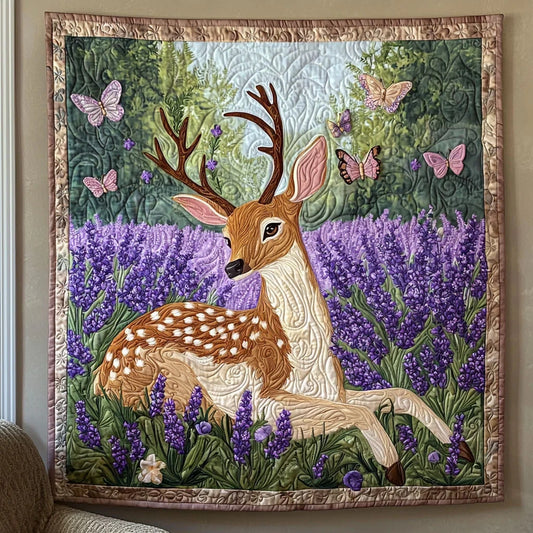 Deer In Lavender Garden Quilt Blanket