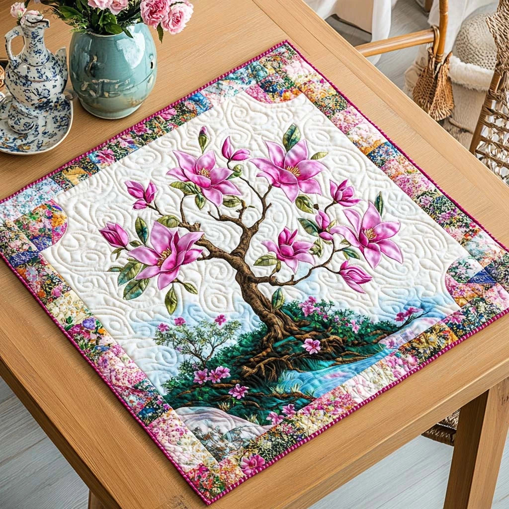 Delicate Magnolia Quilted Table Topper