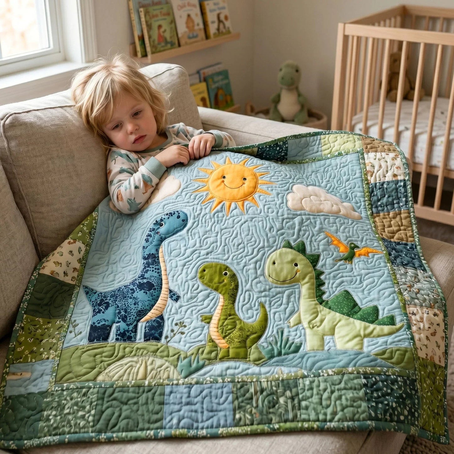 Dino Adventure Quilt Blanket - Quilted Blanket by OtterMia