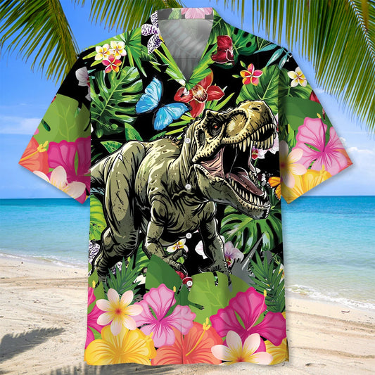 Dinosaur Tropical Flowers Hawaiian Shirt - S - hawaiian shirt