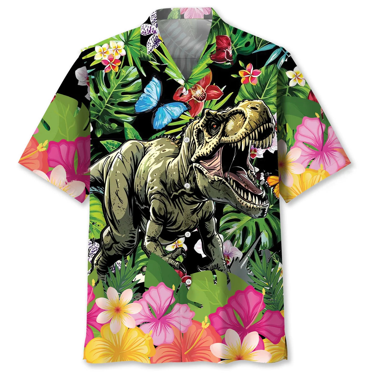 Dinosaur Tropical Flowers Hawaiian Shirt