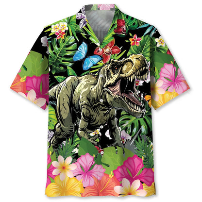 Dinosaur Tropical Flowers Hawaiian Shirt