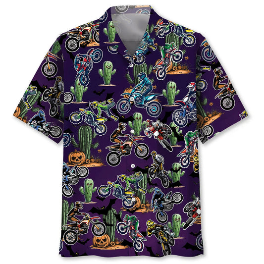 Dirtbikes with Haunted Cactus Pumpkins Art Hawaiian Shirt - S - hawaiian shirt