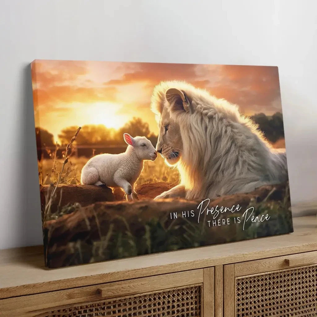 in his presence there is peace lion and lamb wall art canvas (Landscape) (view 5)