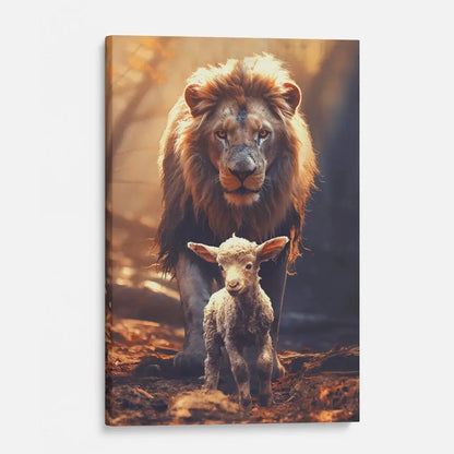 lion and lamb in the forest christian wall art canvas print (view 2)