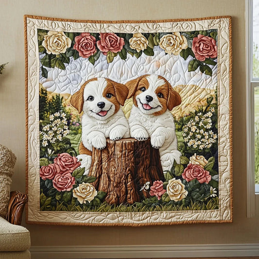 Dogs In Rose Garden Quilt Blanket