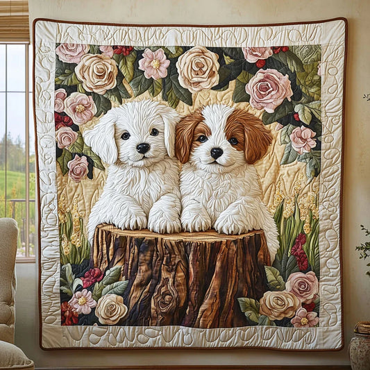 Dogs In Rose Garden Quilt Blanket