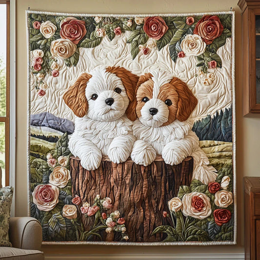 Dogs In Rose Garden Quilt Blanket