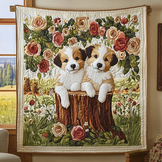 Dogs In Rose Garden Quilt Blanket