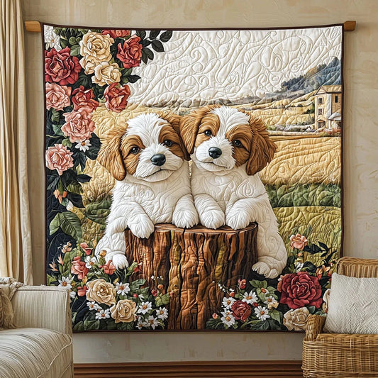 Dogs In Rose Garden Quilt Blanket