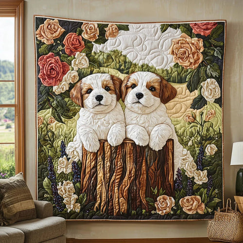 Dogs In Rose Garden Quilt Blanket